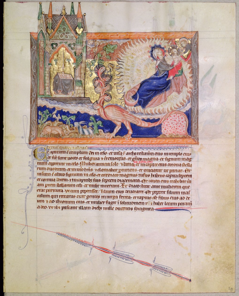 Ms L.A. 139-Lisboa fol.29 God redt het mannelijke kind van het verslonden worden door de rode draak, uit de Gulbenkian Apocalyps, ca. 1265-70 door English School