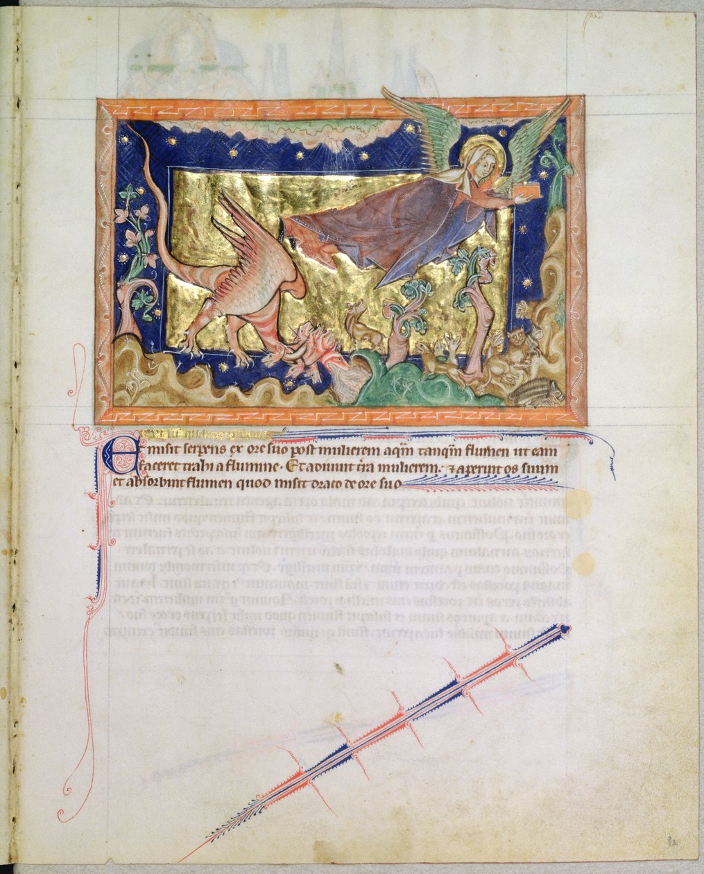Ms L.A. 139-Lisboa fol.32 De vrouw vliegt weg terwijl de aarde het water opslokt dat door de rode draak is uitgespuwd, uit de Gulbenkian Apocalyps, ca. 1265-70 door English School