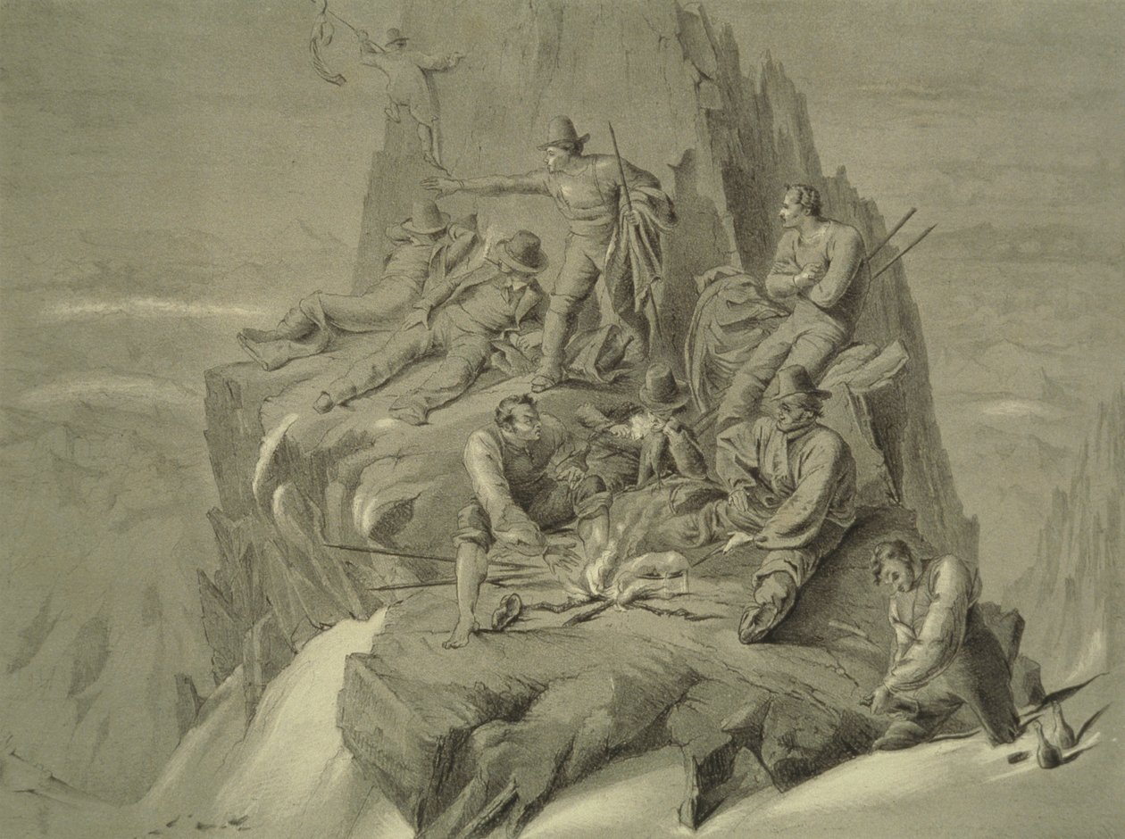 Rustend op een richel, uit Tien scènes in de laatste beklimming van de Mont Blanc inclusief vijf uitzichten vanaf de top, door J.D.H. Browne, gepubliceerd 1853 door English School