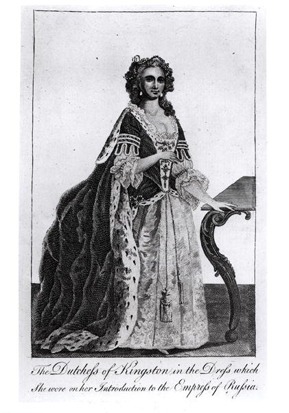 De hertogin van Kingston in de jurk die ze droeg bij haar introductie aan de keizerin van Rusland door English School