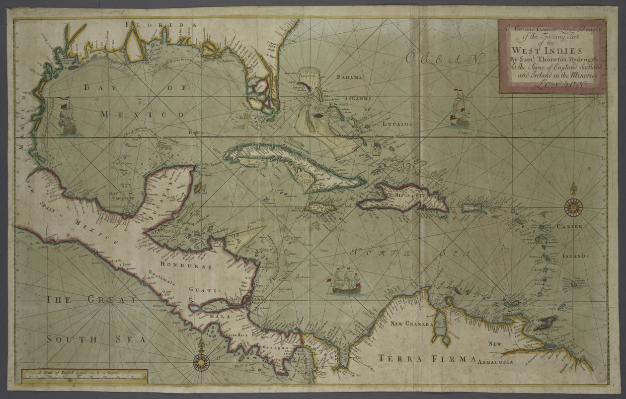 Handelskaart van de West-Indië, 1707 (handgekleurde print) door English School