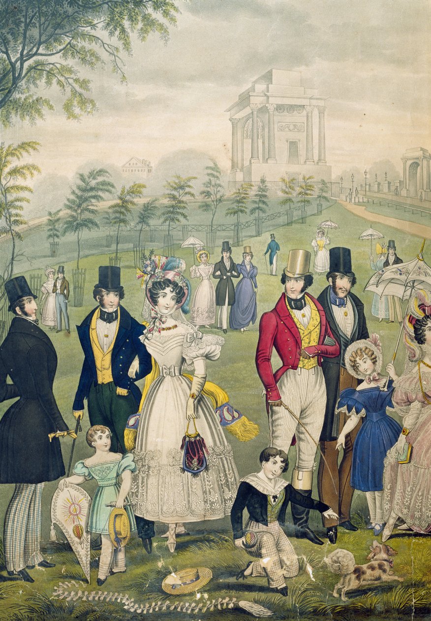 Uitzicht op Green Park, Londen, met de mode van die tijd, detail van de linkerkant, ca. 1830 (detail) door English School