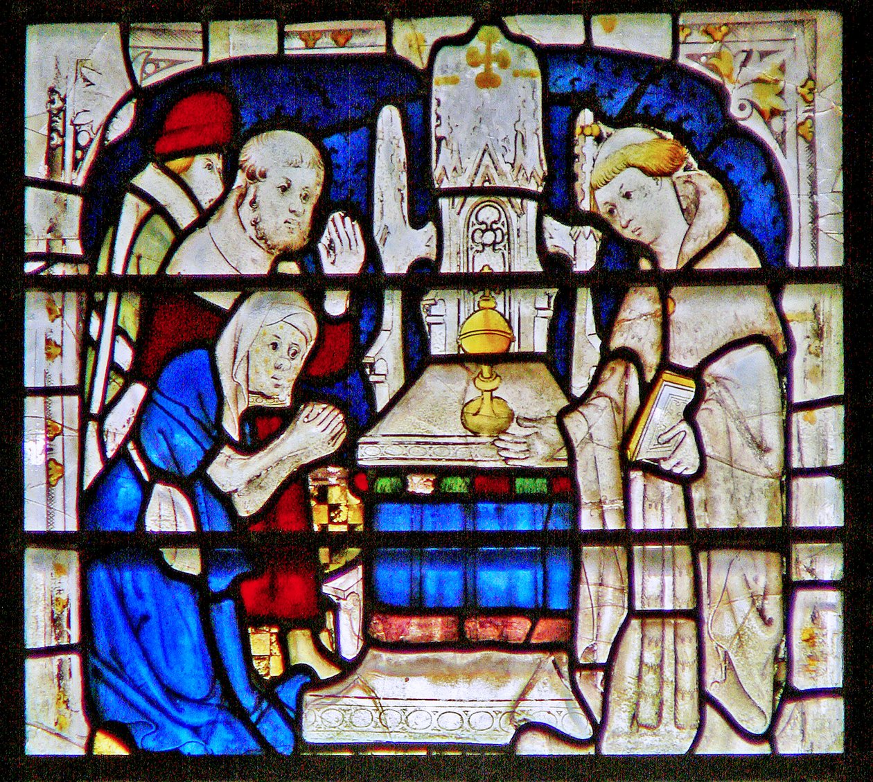 Raam met een melaatse vrouw die bidt bij het heiligdom van St. William Wellcome, York Minster door English School
