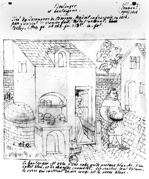 Bakker en Bakkerij, getekend naar een originele verluchting voor een Franse vertaling van de Decameron door Boccaccio (1313-75) gemaakt in 1414 door French School