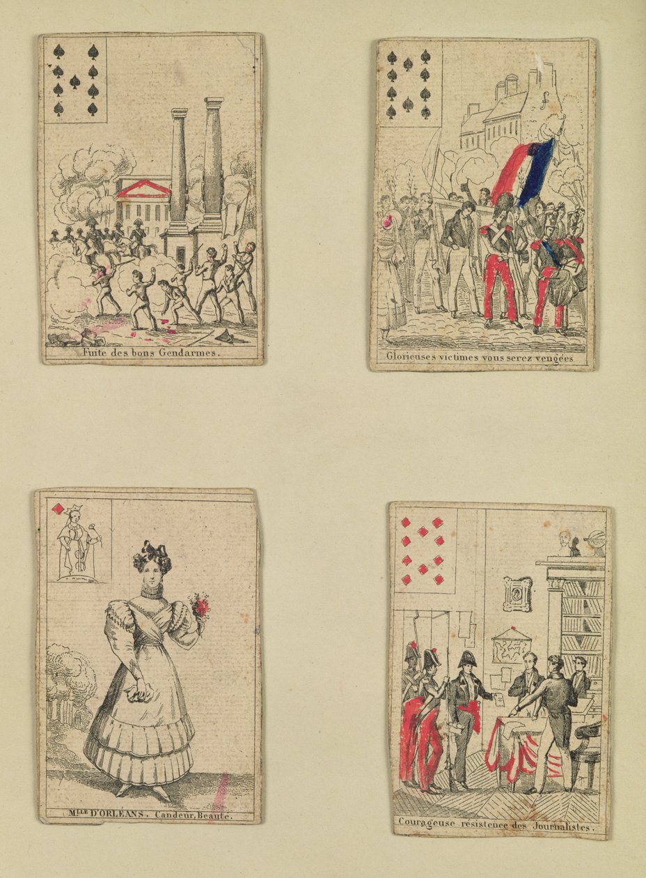 Vier speelkaarten ter herdenking van de helden van juli 1830, 1831 door French School