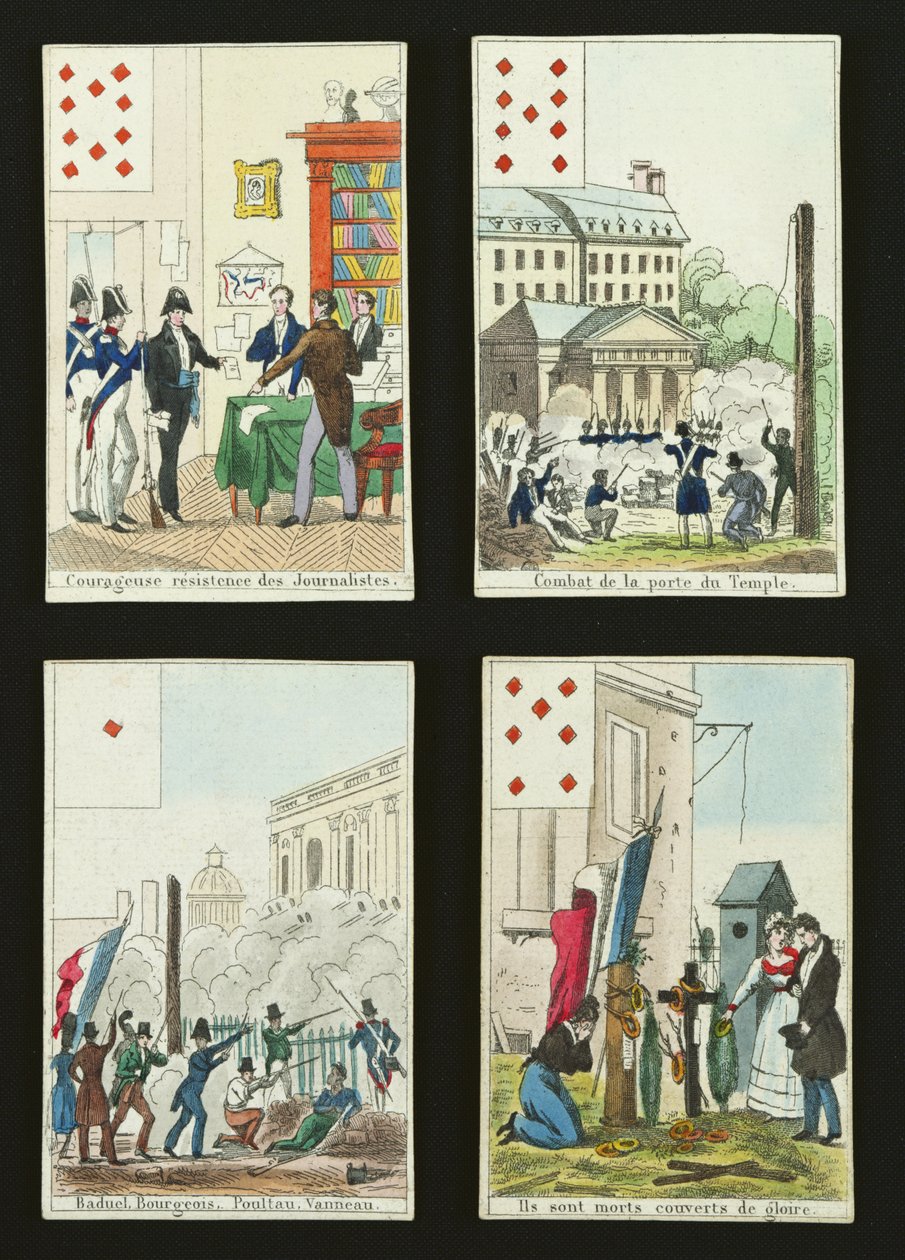 Vier speelkaarten ter herdenking van de helden van juli 1830, 1831 door French School