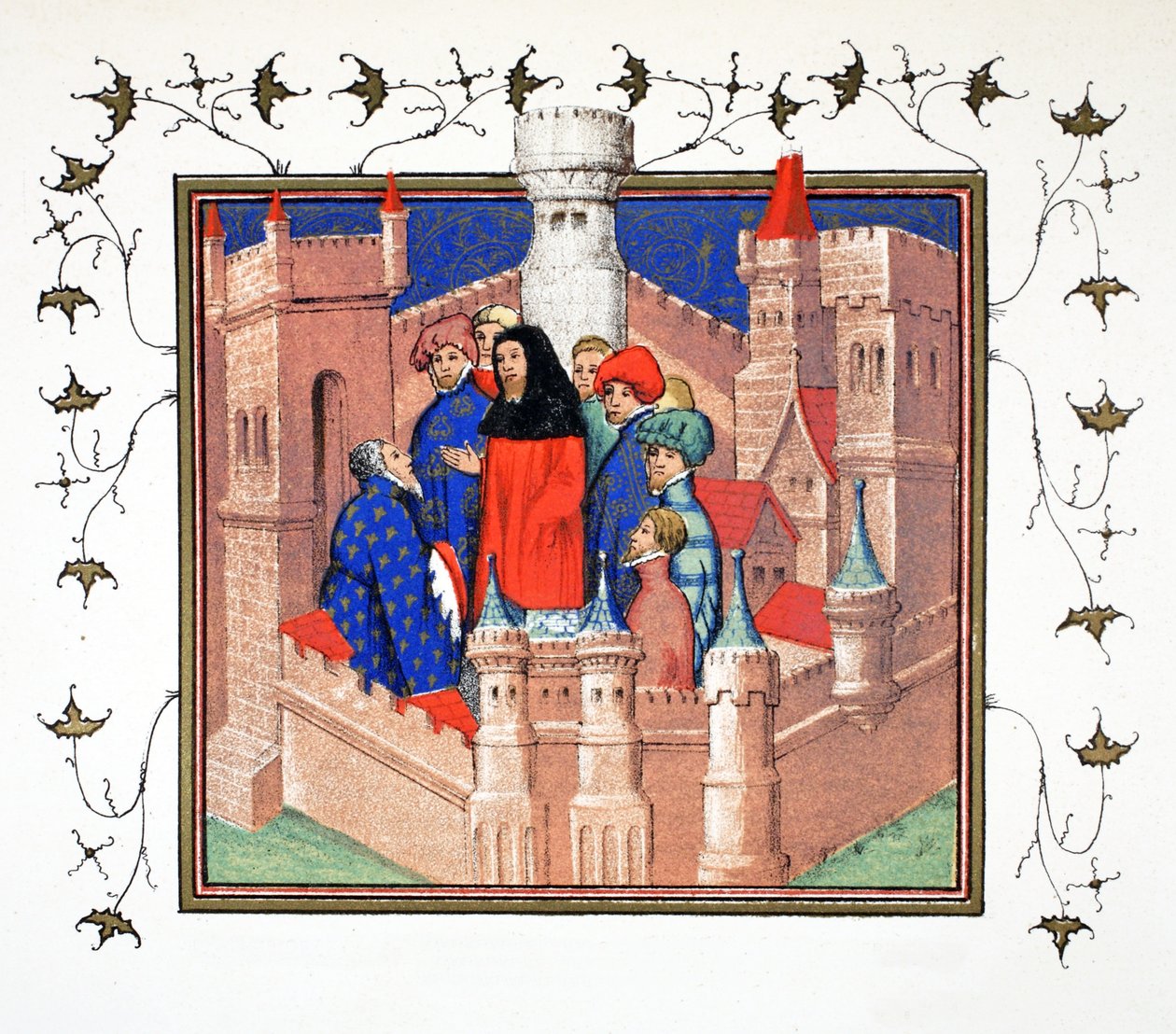 Interieur van Conway Castle en de graaf van Northumberland die zijn valse boodschap aan Richard II overbrengt, facsimile kopie uit Le Prinse et Mort du Roy Richart door Jean Creton, herdrukt 19e eeuw (kleur) door French School