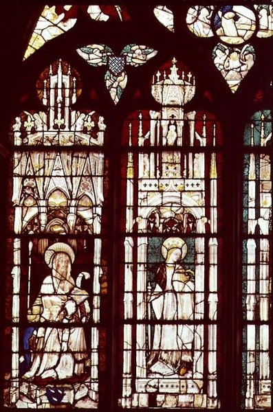 L-R: Simon Aligret en zijn neven met St. Simon en St. Catharina, uit de kapel van St. Joseph door French School