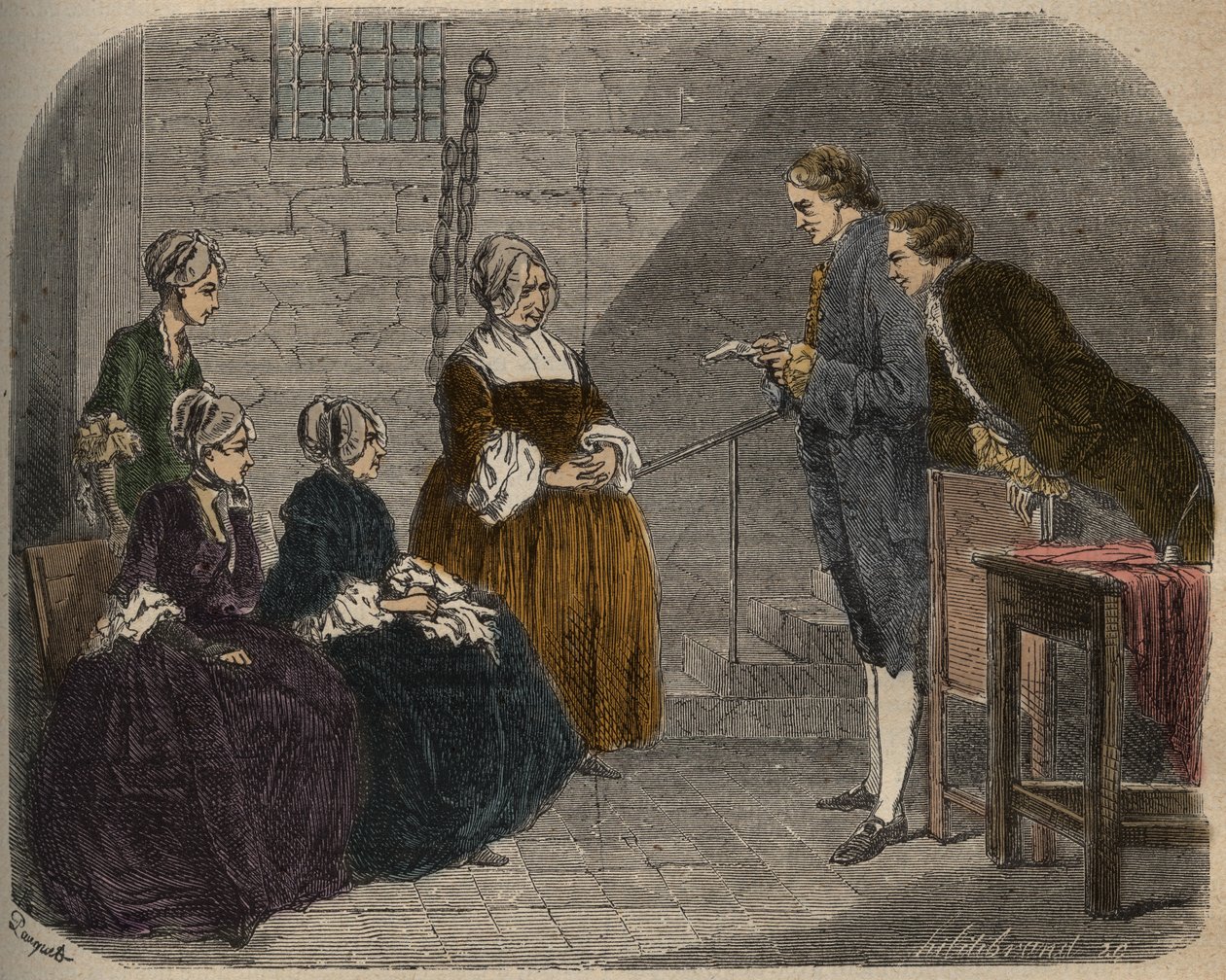 Mevrouw Calas, met haar twee dochters, luistert naar het vonnis van het proces van haar man, Jean, illustratie uit Causes célèbres de tous les peuples, door Armand Fouquier, 1858-67 door French School
