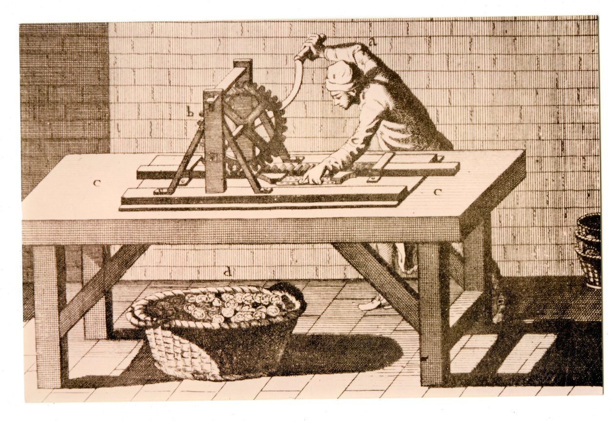 Het markeren van de rand van munten met een parallel-bar randmarkeringsmachine, uit de Encyclopédie door Denis Diderot en Jean le Rond d