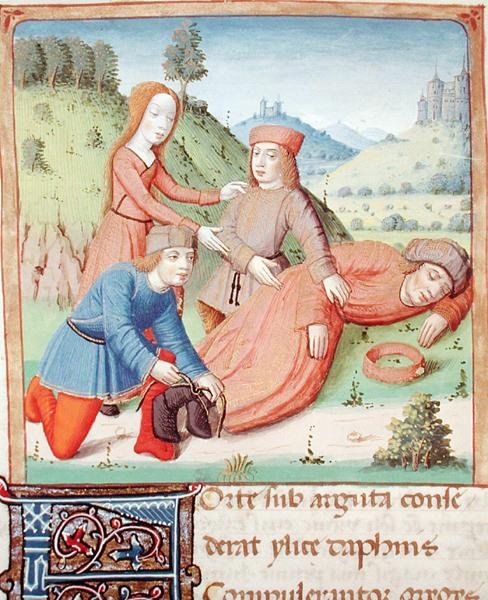 Ms 493 f.12v De slapende Silenus wordt vastgebonden door de herders en ...