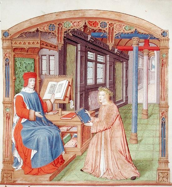 Ms 493 fol.19 Virgil (70-19BC) biedt zijn boek aan Maecenas aan, uit De Eclogues door Virgil met een commentaar van Servius, 1469 door French School