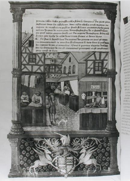 Een straat met winkels en het wapen van Robert Stuart, Maarschalk van Aubigny Lucrece, uit Livre de Gouvernement des Princes door Gilles de Rome door French School