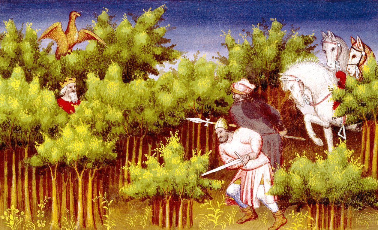 Ms Fr 2810 f.200v, Dzjengis Khan ontsnapt aan zijn vijanden door zich in de struiken te verstoppen, uit Livre des Merveilles du Monde, c.1410-12 door French School