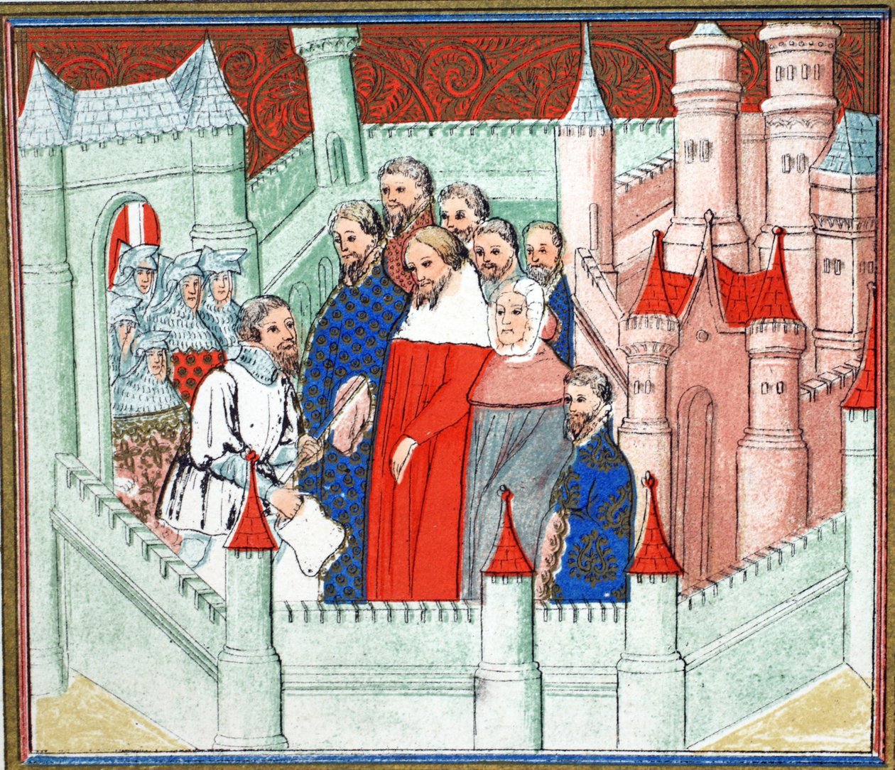 Richard II in Flint Castle waar hij als gevangene werd overgedragen aan Bolingbroke, zijn rivaal voor de troon, facsimile kopie uit Le Prinse et Mort du Roy Richart door Jean Creton, herdrukt 19e eeuw (kleur) door French School