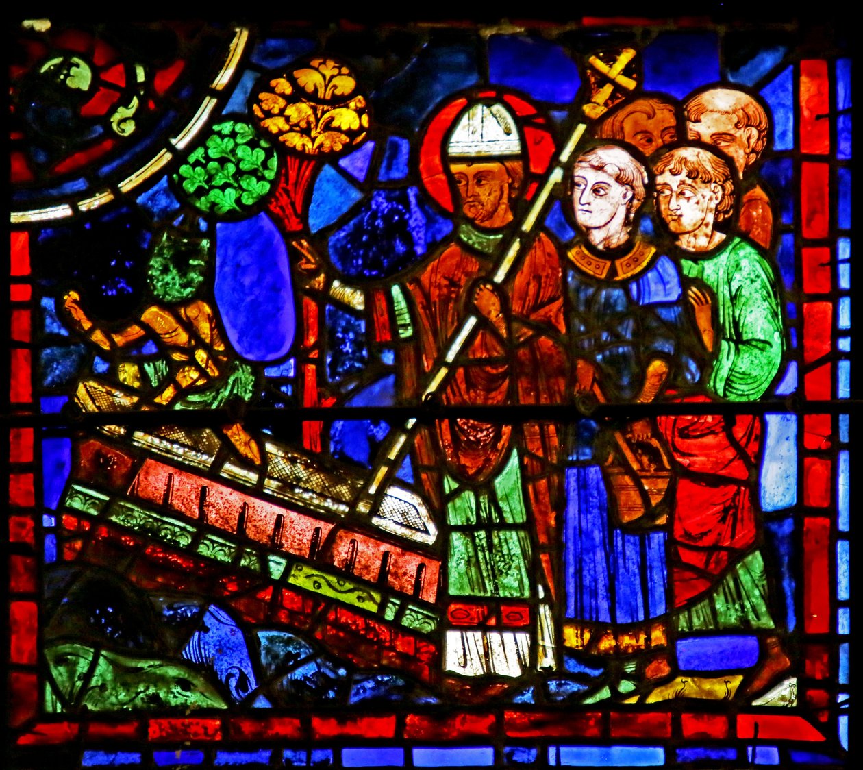 St. Martin verdrijft een demon uit het graf van een vermeende martelaar, scène uit het leven van St. Martin, kathedraal van Chartres door French School