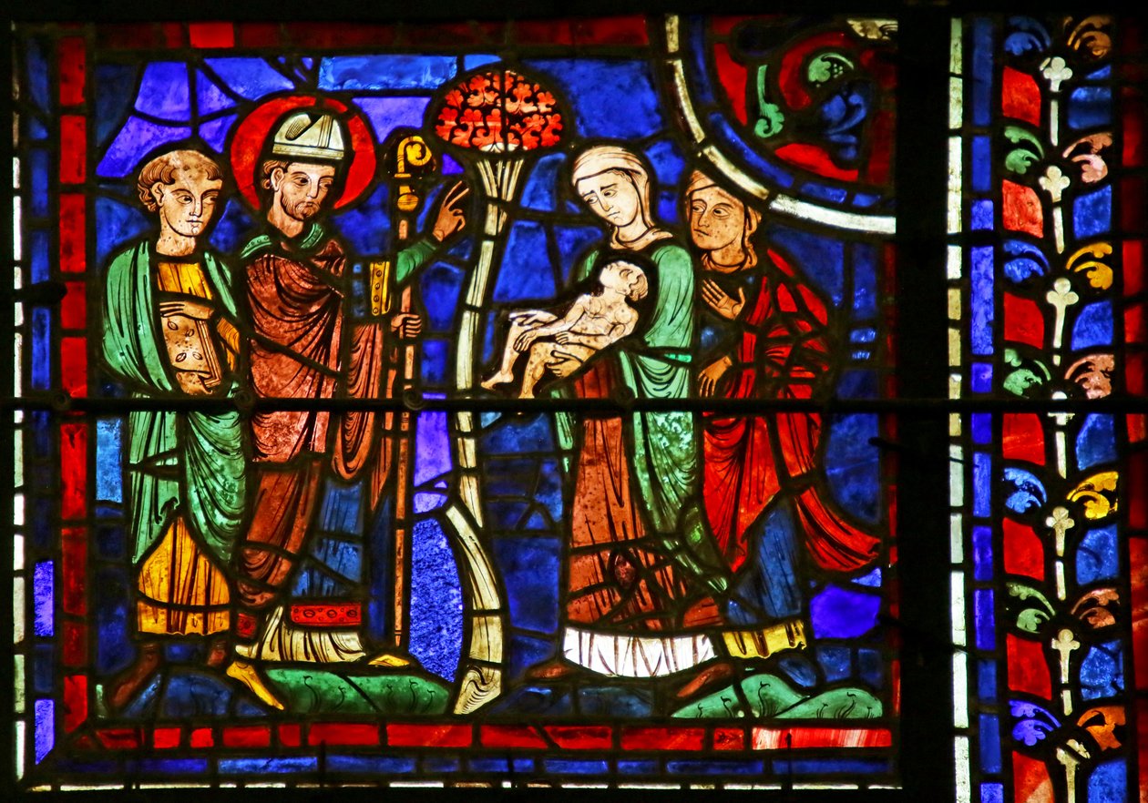 St. Martin wekt een kind tot leven, uit het leven van St. Martin, kathedraal van Chartres door French School
