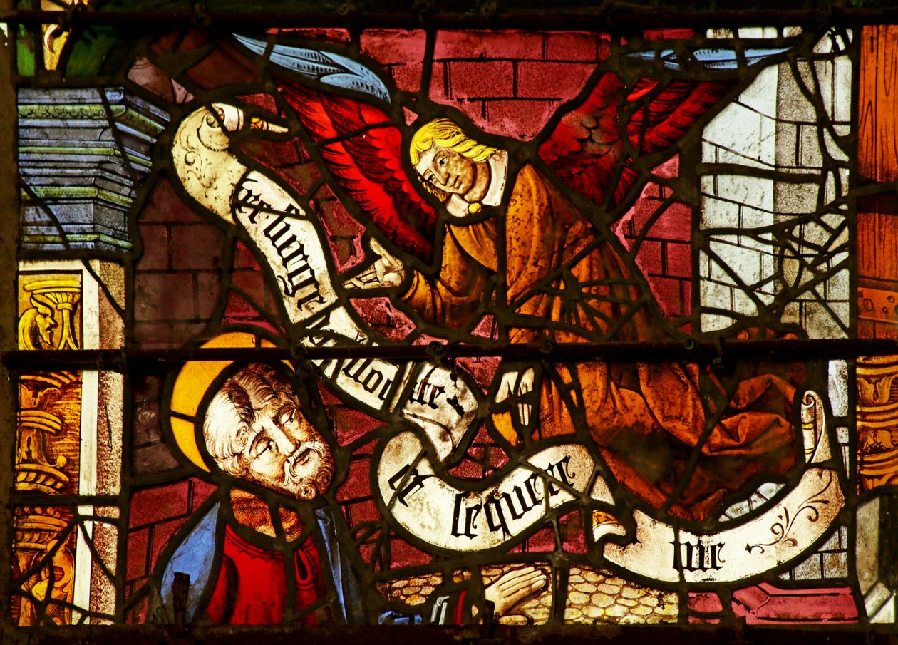 Raam met afbeelding van Fragmenten en de Engel die aan Sint-Petrus in de gevangenis verschijnt door French School