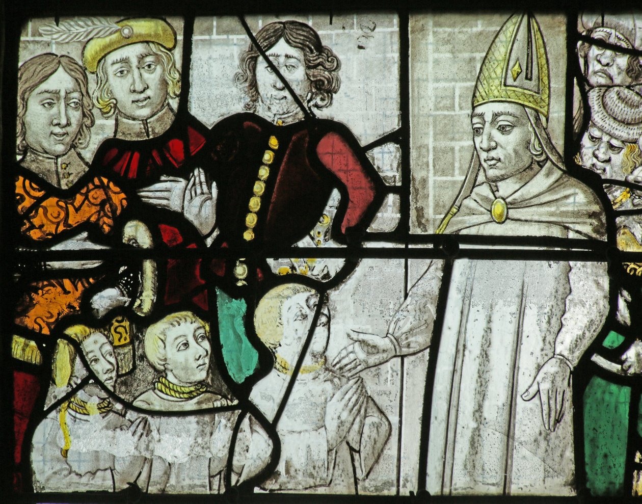 Raam met St. Nicolaas die drie jongens redt door French School