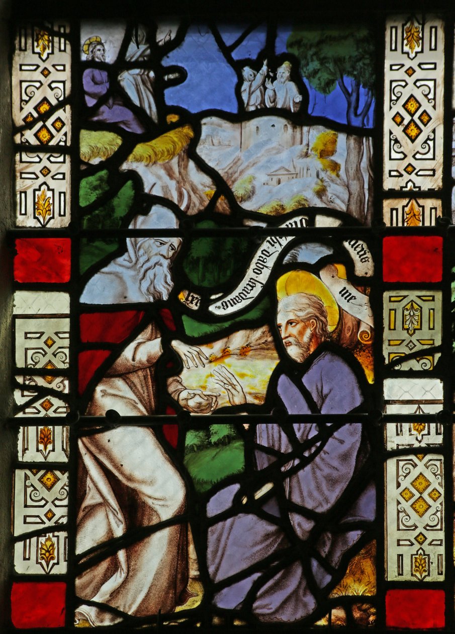 Raam met de verzoeking van Christus in de woestijn door French School