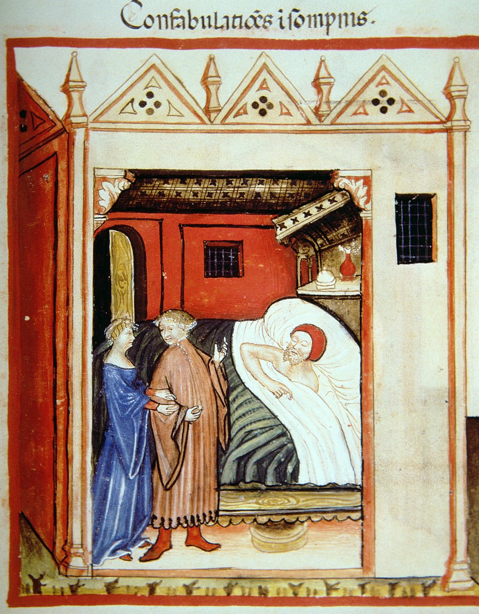 Praten in de slaap, illustratie uit Tacuinum Sanitatis Codex Vindobonensis door Italian School