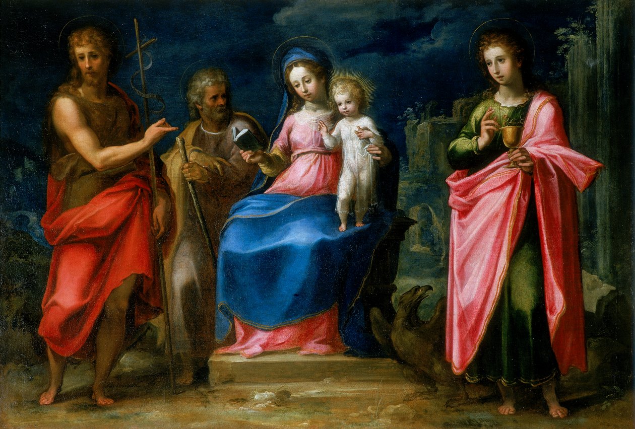 Madonna en Kind met St. Jozef, St. Johannes de Doper en St. Johannes de Evangelist door Italian School