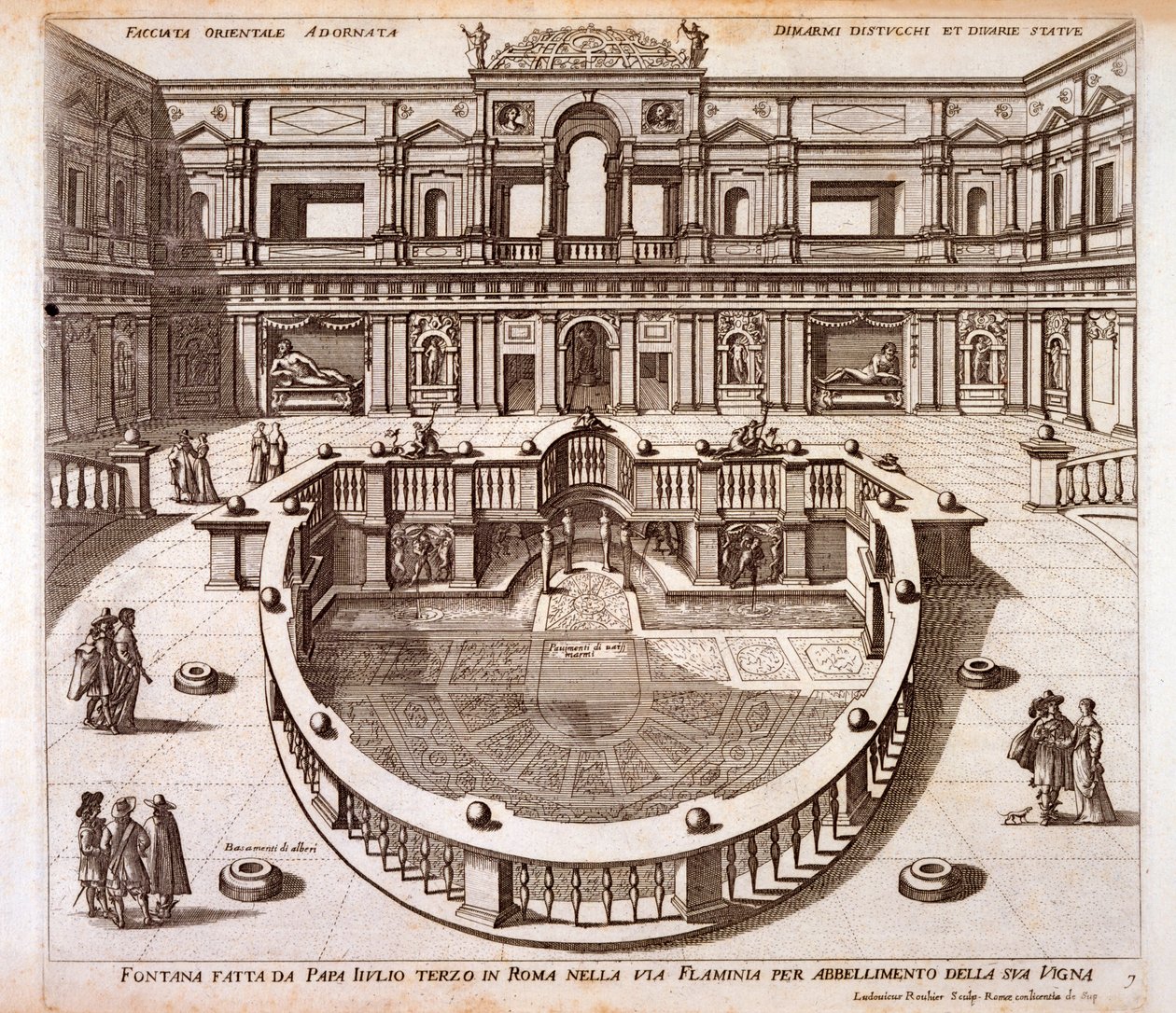 De fontein binnenplaats met marmeren bestrating en balustrade gebouwd voor Paus Julius III bij zijn paleis nabij de Via Flaminia, Rome door Italian School