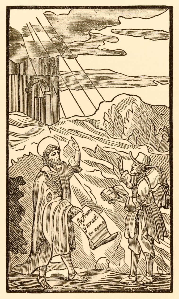 Christen verlaat de wereld en ontmoet Evangelist uit The Pilgrims Progress From This World, To That Which Is To Come door John Bunyan door Unknown