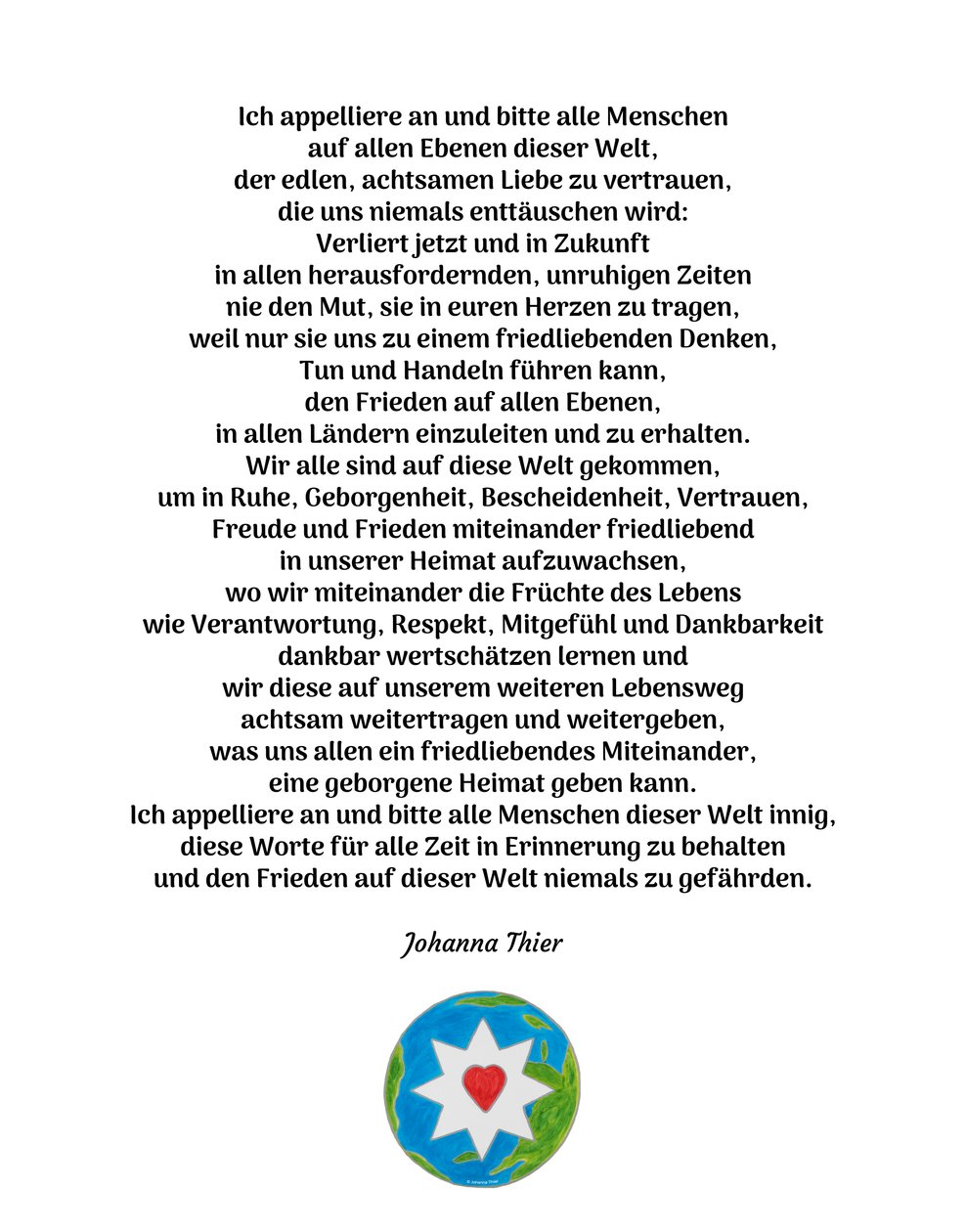 Vredesboodschap met de Ster van de Edele, Aandachtige Liefde voor alle Mensen van deze Wereld door Johanna Thier