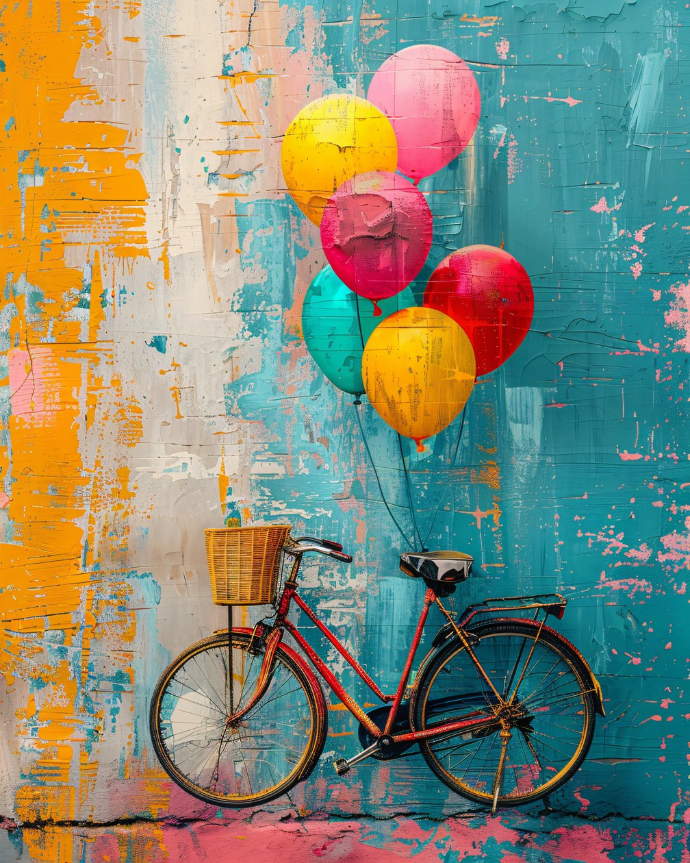 Abstract primitief schilderij Fiets stijgend met ballonnen slaapkamer wanddecor door F. Abderrahim