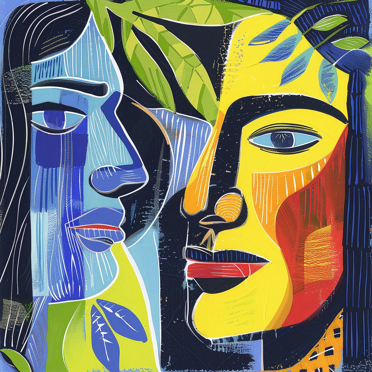 Abstract minimalistisch schilderij gezichten van twee mannen door F. Abderrahim