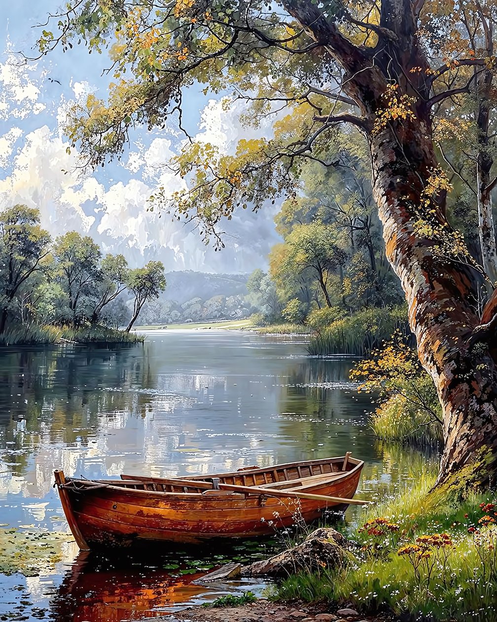 Een boot voor anker aan de rand van een rivier midden in een bos door F. Abderrahim