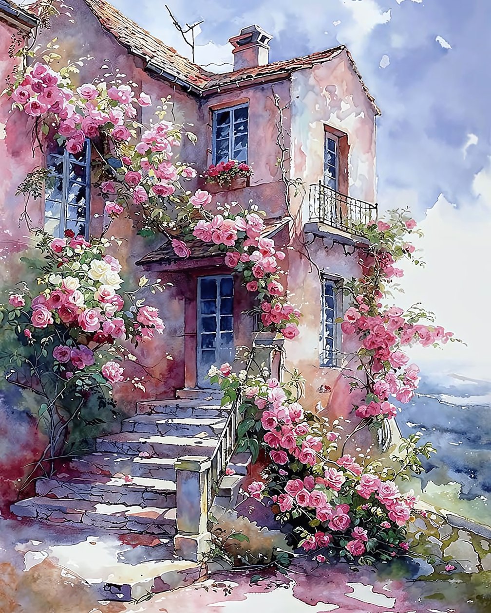 Huis omringd door klimplanten met rode en roze bloemen door F. Abderrahim