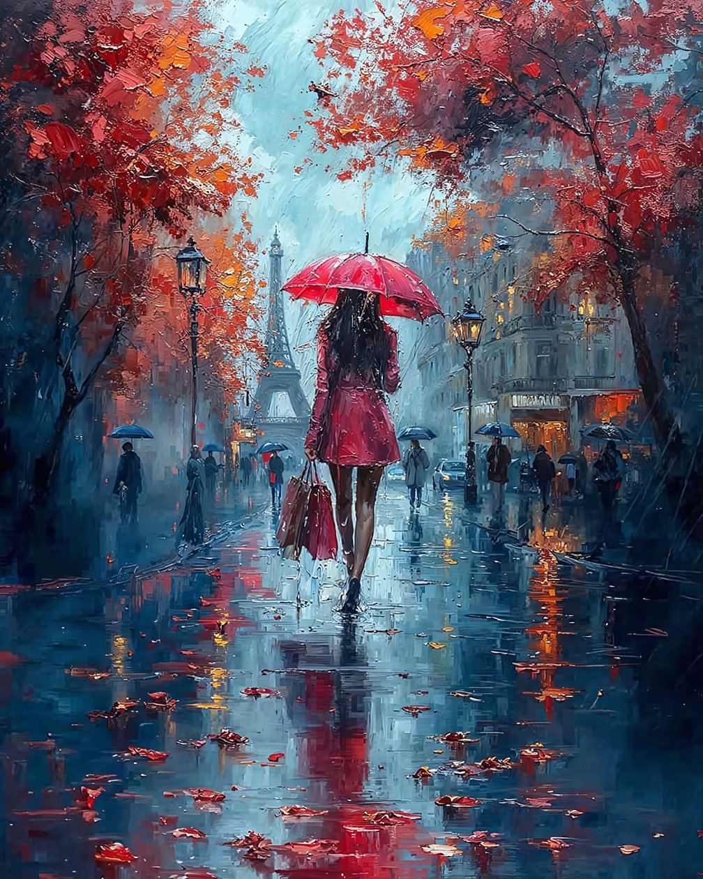 Elegante dame met paraplu die door een Parijse straat loopt, modern muurdecor door F. Abderrahim