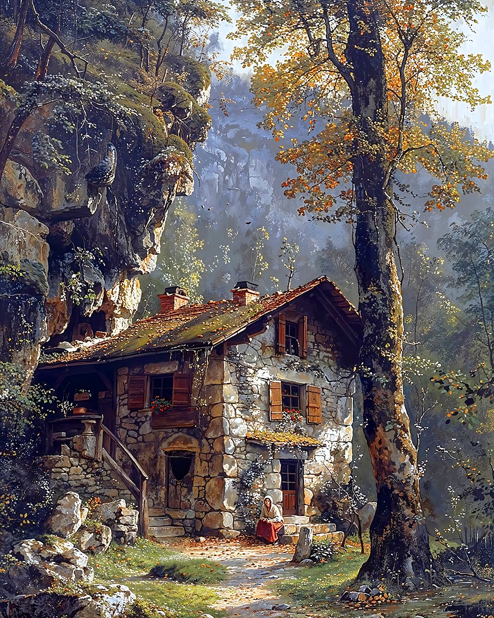 Een oud landhuis midden in een bos op de top van een berg door F. Abderrahim