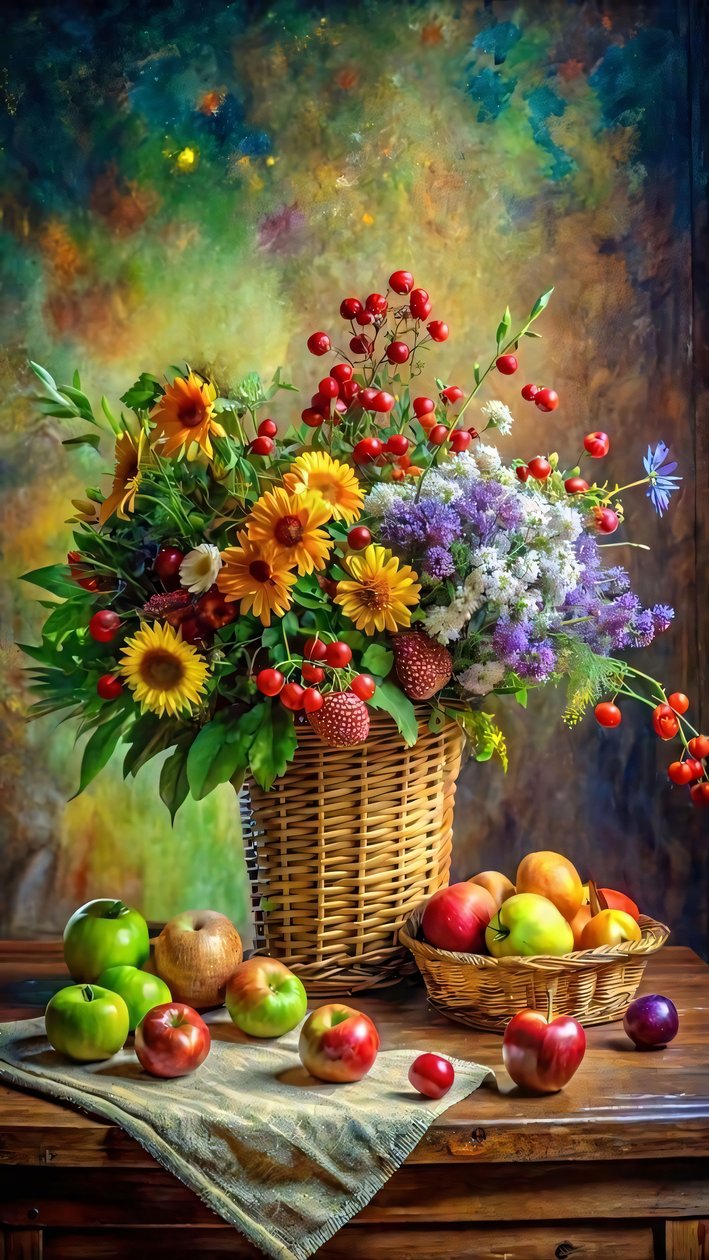 canvasprint, een mand met fruit  groenten met een boeket  rozen, door F. Abderrahim