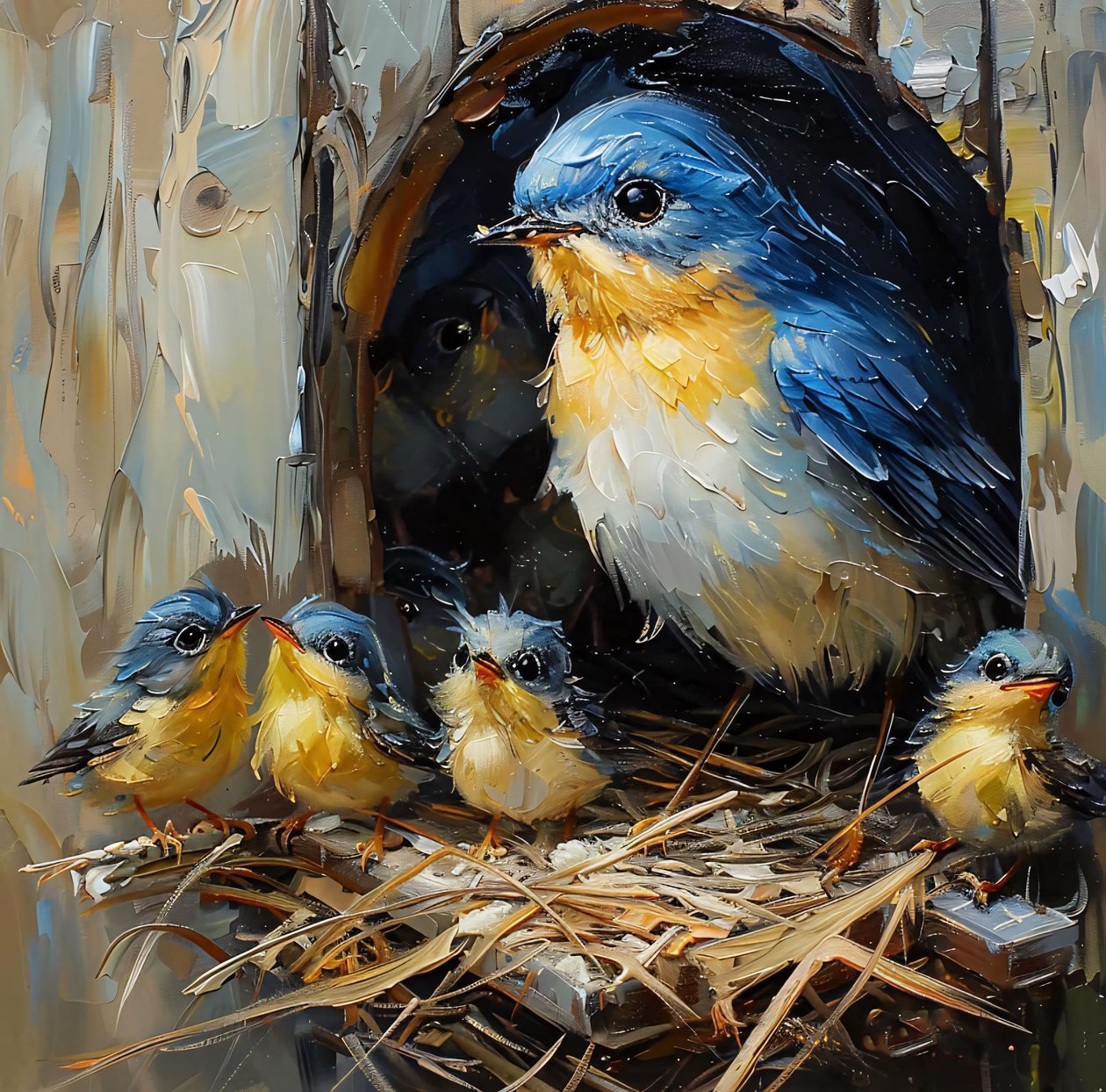 Een kleurrijke vogel  zijn jong in een nest in een boom, muurdecor voor slaapkamer door F. Abderrahim