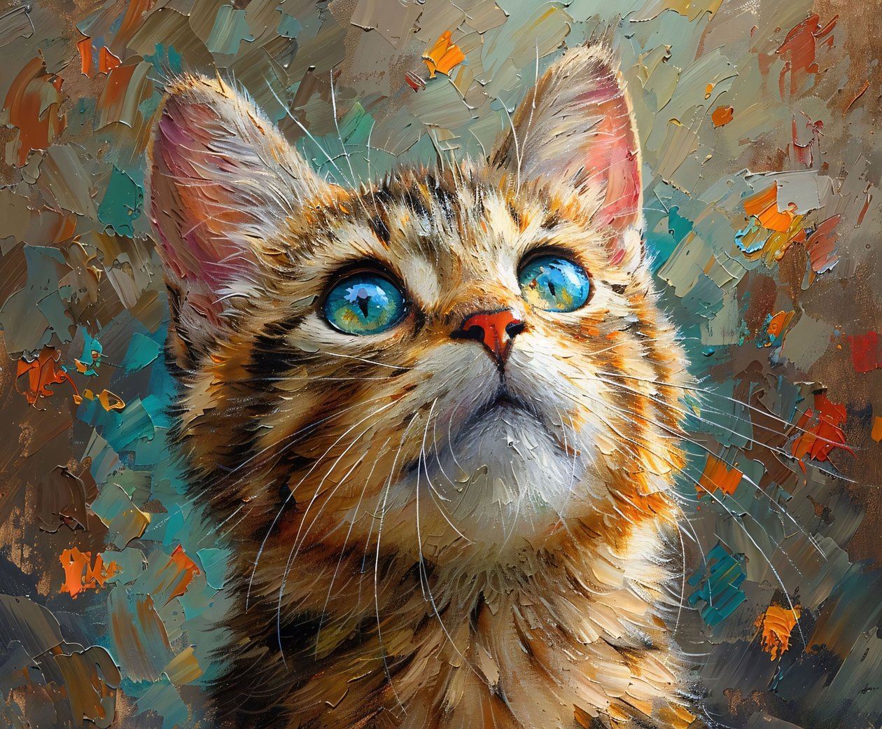 Een schattige kat met blauwe ogen die omhoog kijkt, close-up dierengezicht, muurdecoratie door F. Abderrahim