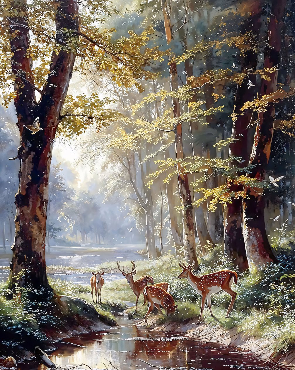 Een hert tussen de bomen drinkt water uit een meer, olieverf op canvas door F. Abderrahim