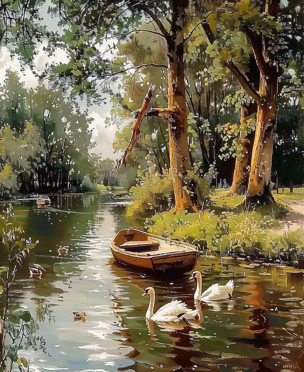 Ganzen zwemmen in een waterstroom tussen bomen, Canvas  ingelijste wanddecoratie door F. Abderrahim