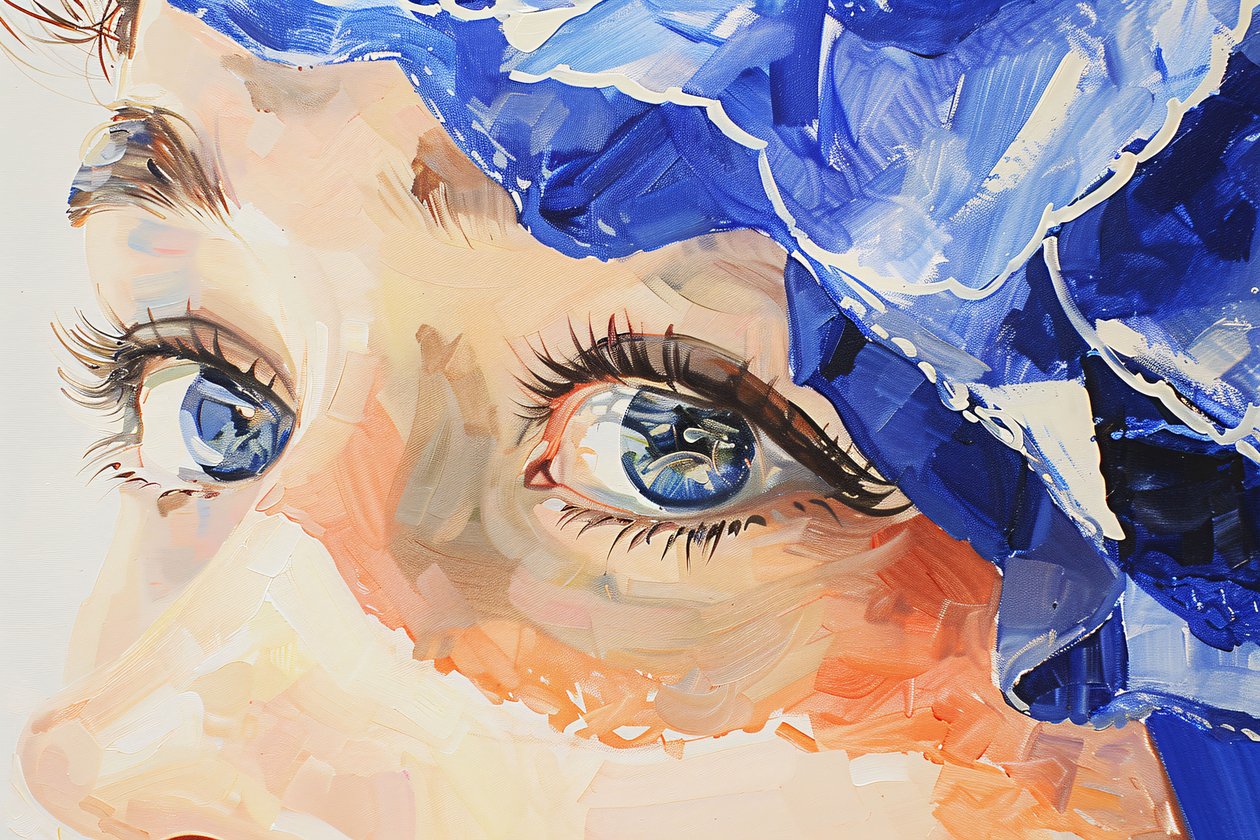 Realistisch olieverfschilderij filmisch indigo, vrouwelijk blauw oog close-up door F. Abderrahim