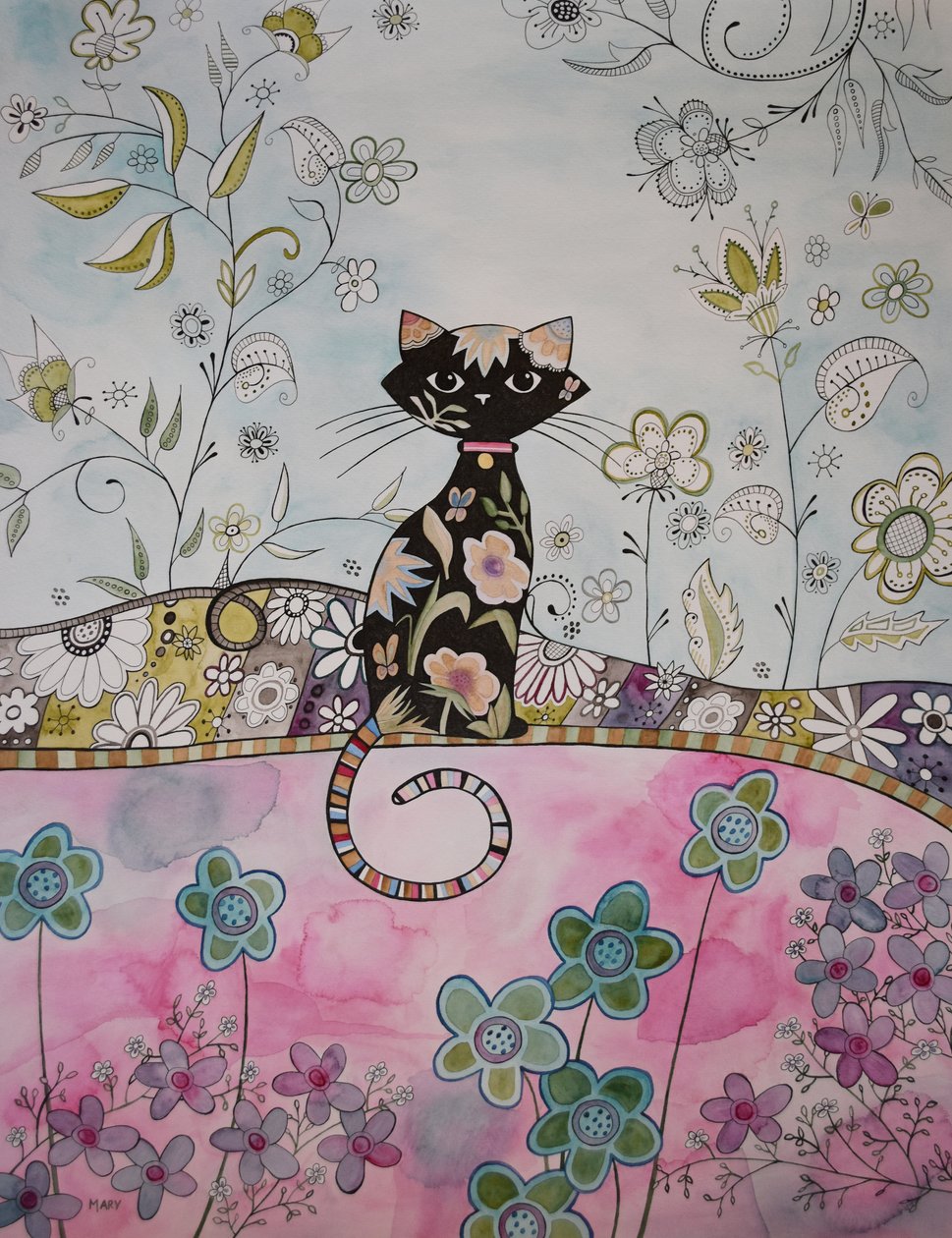 Zwart katje door Marys Watercolors