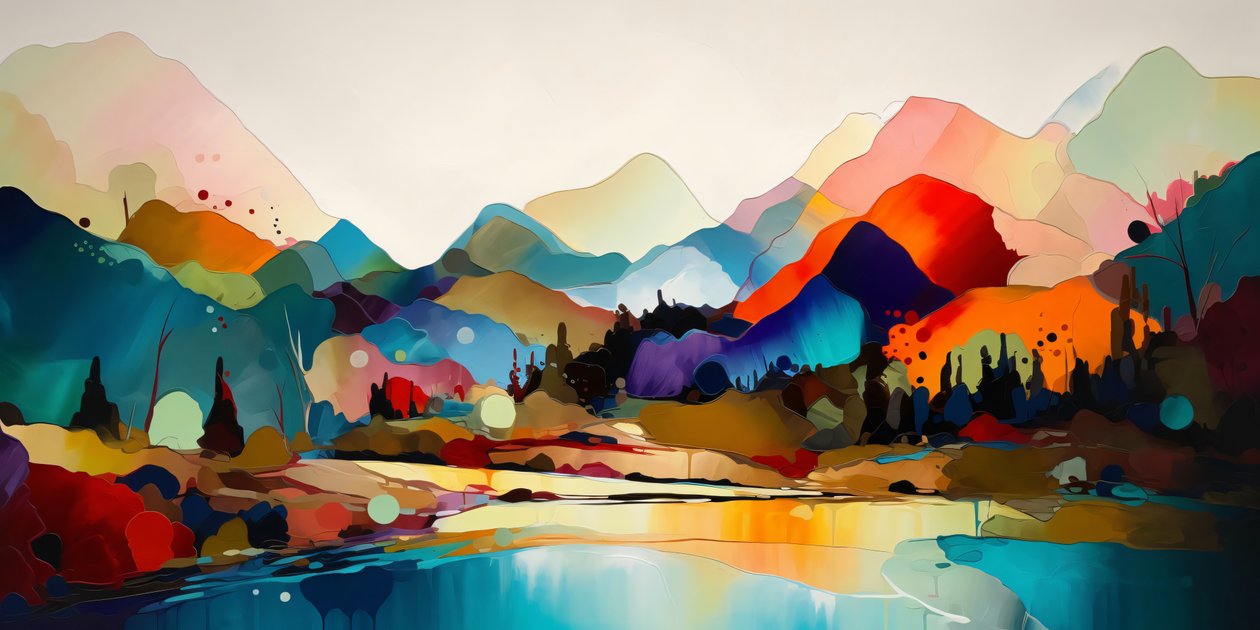 Kleurrijk abstract landschap, panorama schilderij, prachtig kleurenpalet, Wall Art Prints door F. Abderrahim