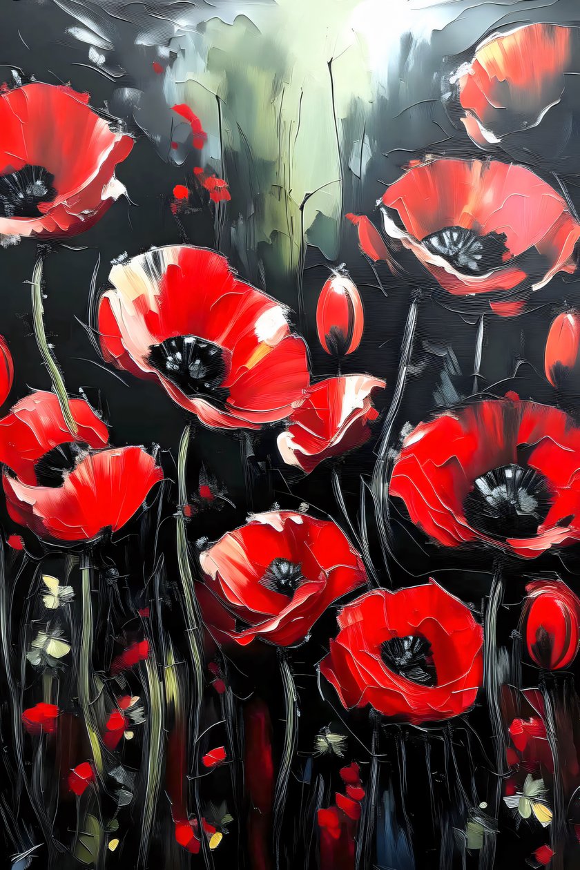 knife painting, levendige rode klaprozen aangebracht in dikke lagen, online muurkunst prints door F. Abderrahim