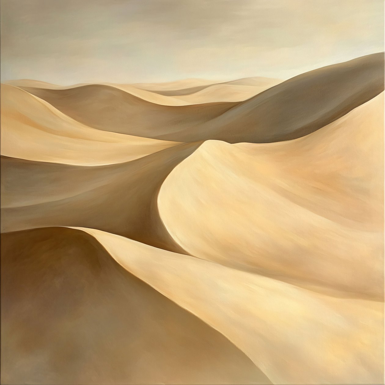 Een woestijnlandschap, gouden tinten en glooiende heuvels onder een pastelkleurige hemel, wanddecoratie voor thuis door F. Abderrahim