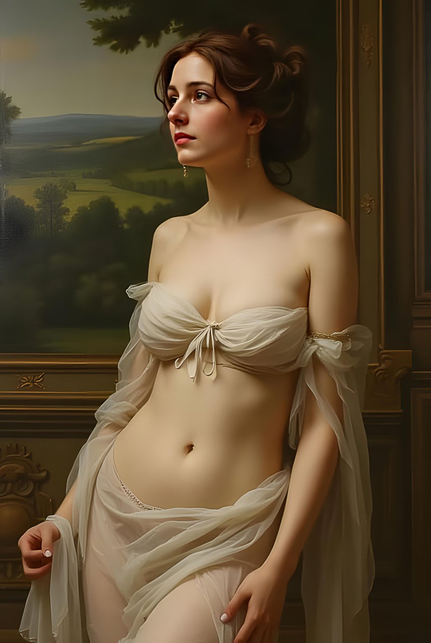 Mooie chatain haar vrouw in volledig lichaam, Aphrodite realistisch schilderij, muur decor ideeën door F. Abderrahim