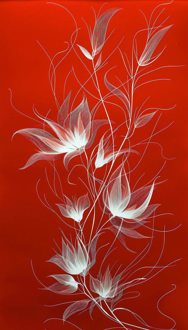 Witte lijntekening van planten en bloemen op een levendige rode achtergrond, wanddecoratie door F. Abderrahim