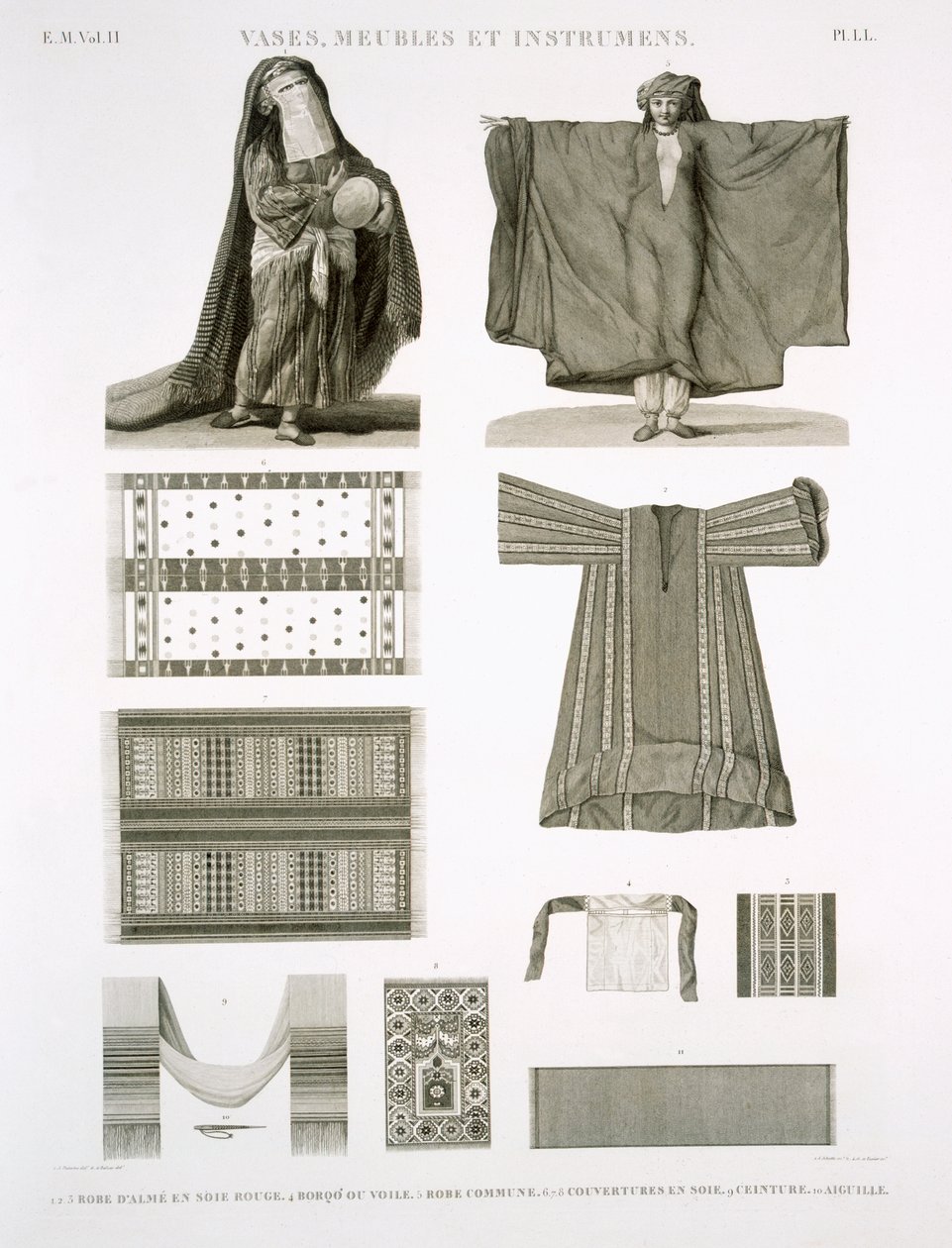 Voorbeelden van Zijde en Egyptische Kostuums, uit Beschrijving van Egypte, gegraveerd door Jehotte en Texier, uitgegeven in opdracht van Napoleon, 1822 door A. and Balzac, C. Dutertre