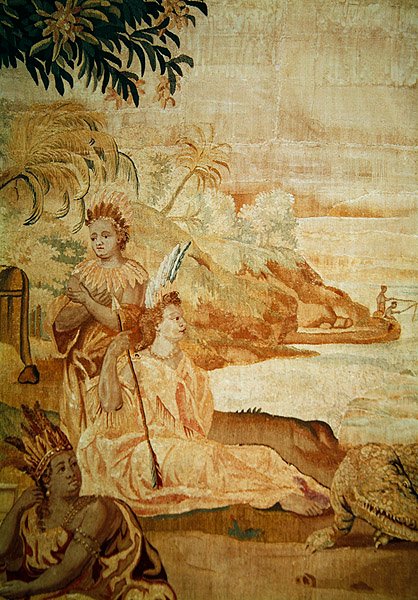 Amerika, uit een wandtapijt van de vier hoeken van de wereld, detail van twee figuren op de achtergrond (detail) door A. Baertams