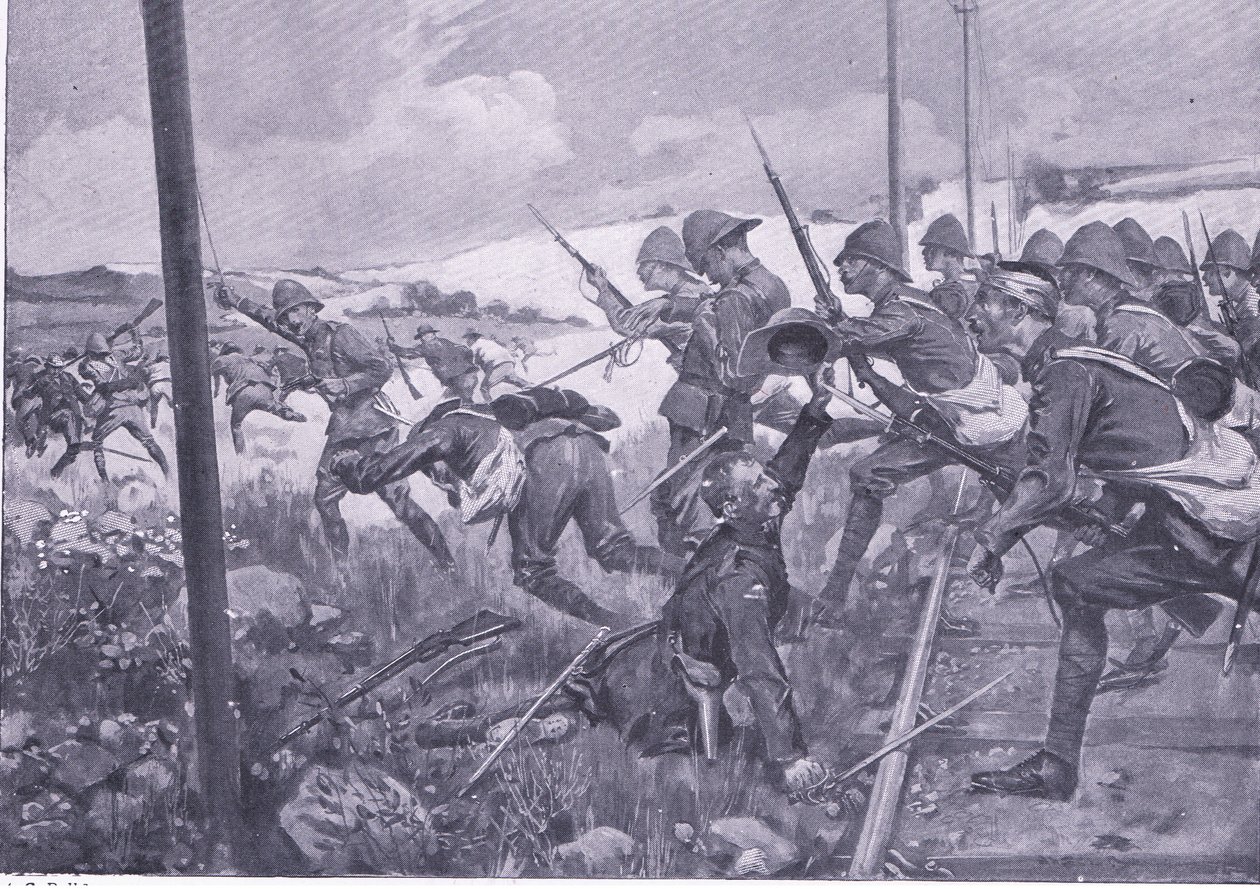 Aanval van de Schotse fuseliers bij Frederikstad, illustratie uit Na Pretoria: De Guerrillaoorlog, 1902 door A. C. Ball